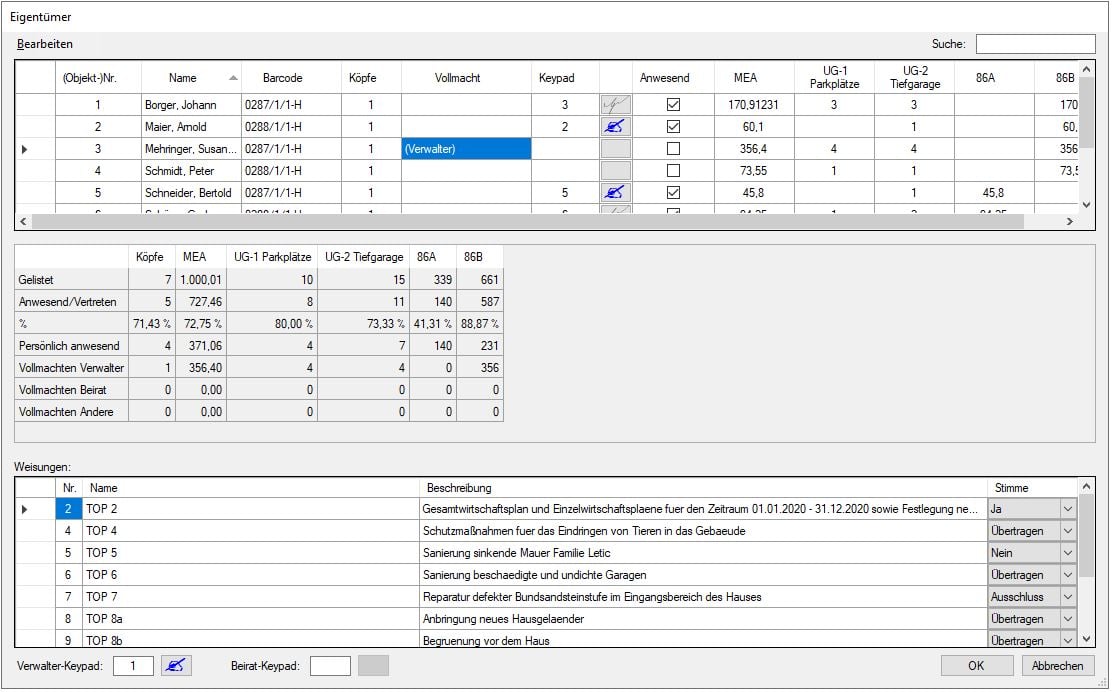 Das Herzstück, die Eigentümerliste die nach einem Import als CSV Datei für die Einrichtungen der Vollmachten und Weisungen, sowie die Erfassung der Unterschriften dient.
