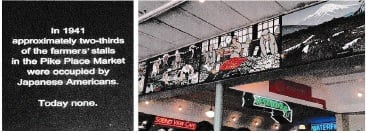 パイク・プレイス・マーケット内のメッセージボード（左）と、戦前の日系人の農家の絵画