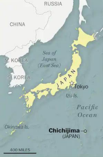 Location of Chichijima and Tokyo 東京と父島の位置関係 (from Natural Earth and GEBCO-Washington Post)