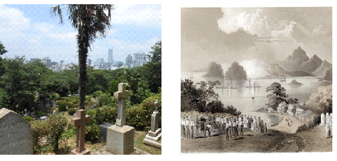Yokohama Foreign General Cemetary (left) and Painting of Shimoda Landing (右）  横浜外国人墓地（左）と下田上陸の図（右）