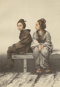 Two young women in kimono attire from an illustration in Perry’s Narrative, 1854   /    ペリー遠征記に描かれた着物をきた二人の女性, 1854