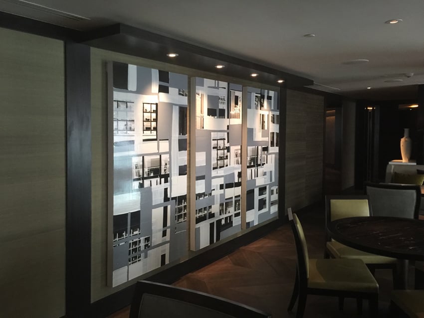 Monika Humm global 45,  Malerei in Mischtechnik auf MDF, 270 x 180 cm, Grand Hyatt, Hong Kong, Ankauf 2015