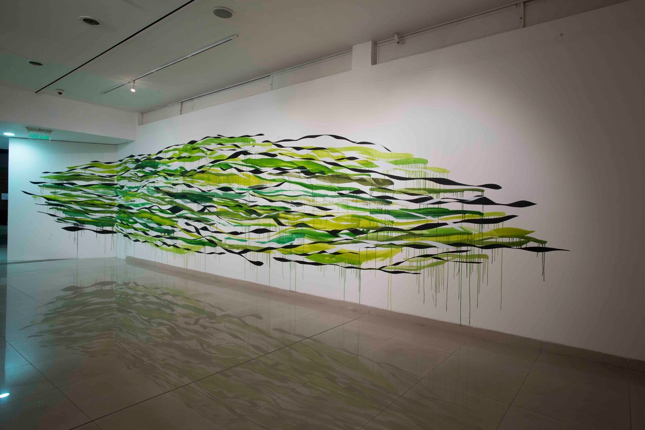 Monika Humm going on 71, Wandmalerei, 2013, Mischtechnik, 2,3x11m, Pangaea, Arte Actual, Quito, Ecuador, 2013 