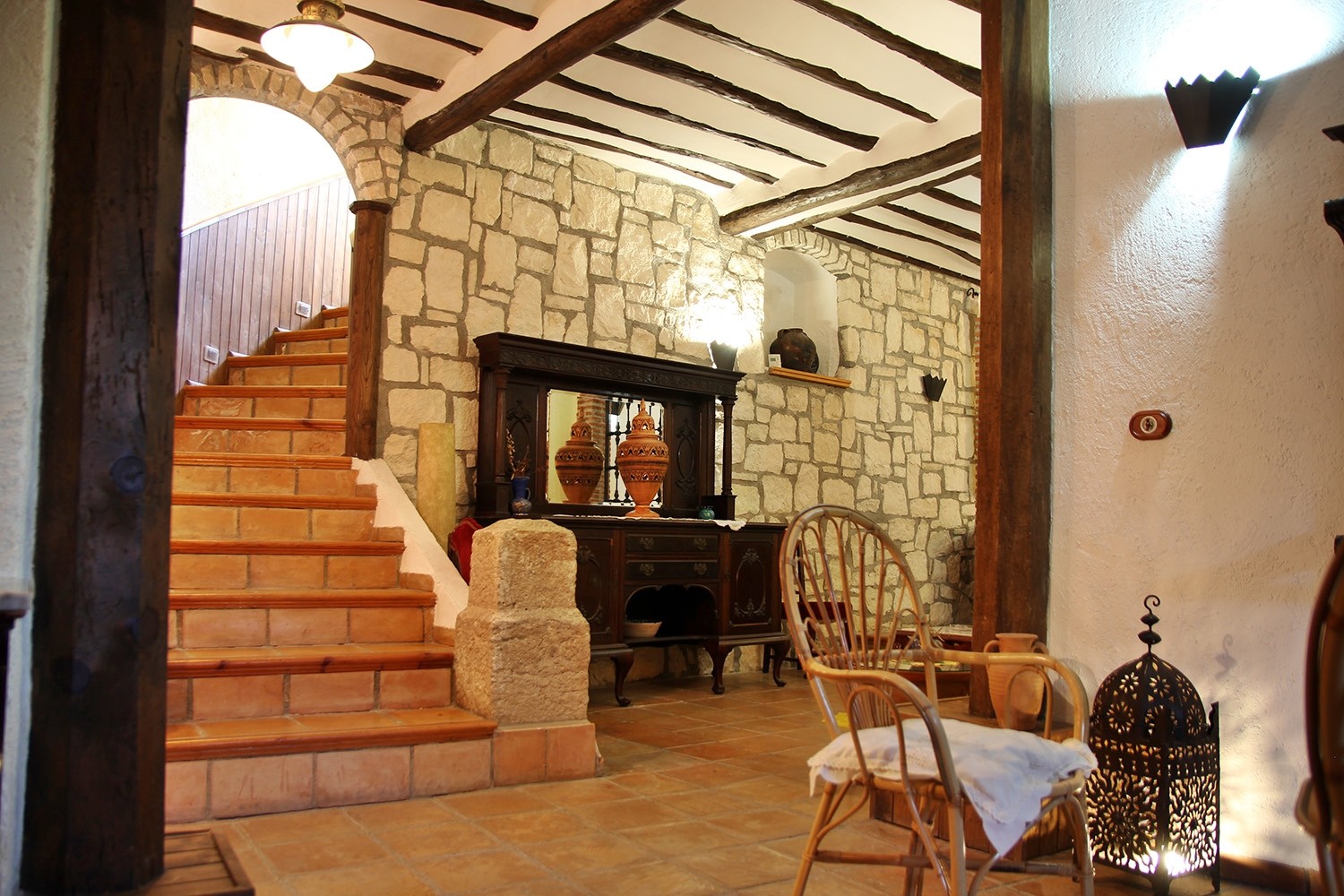 The stairs in the lounge to the apartment