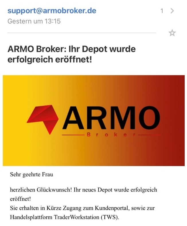 Willkommensmail, Depot-Eröffnung, ARMO Broker