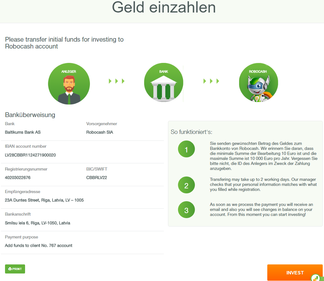 Schritt 3 - Geld auf das Investorenkonto einzahlen