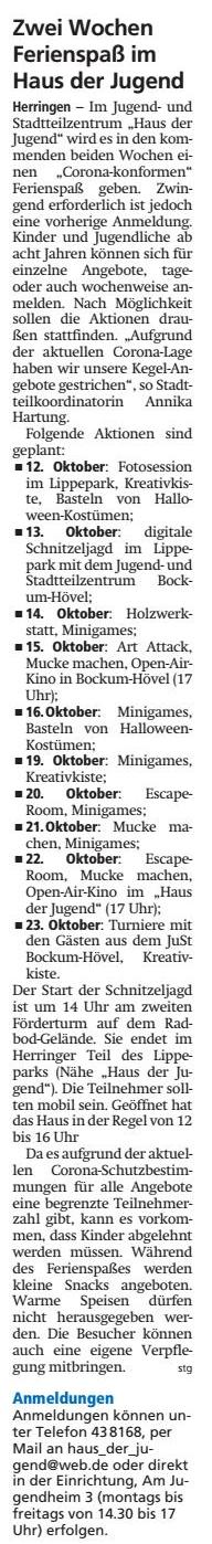 WA 2020.10.07 - Zwei Wochen ferienspaß im Haus der Jugend