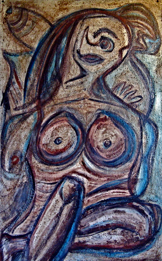 "BLUE JET WOMAN"  (34x54)  (mixed water media on felt tar paper)  SOLD