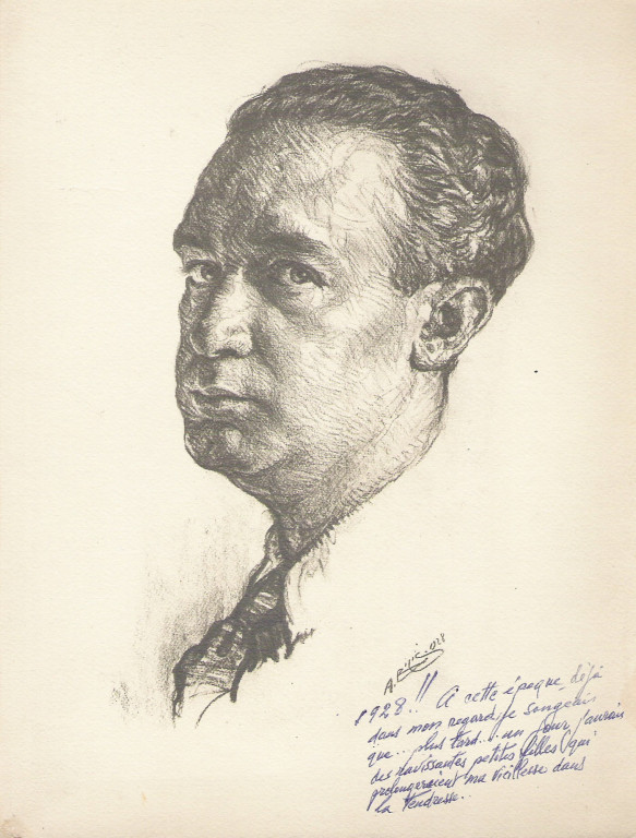 Autoportrait dédicacé à ses petites filles  1928 fusain André Aaron Bilis
