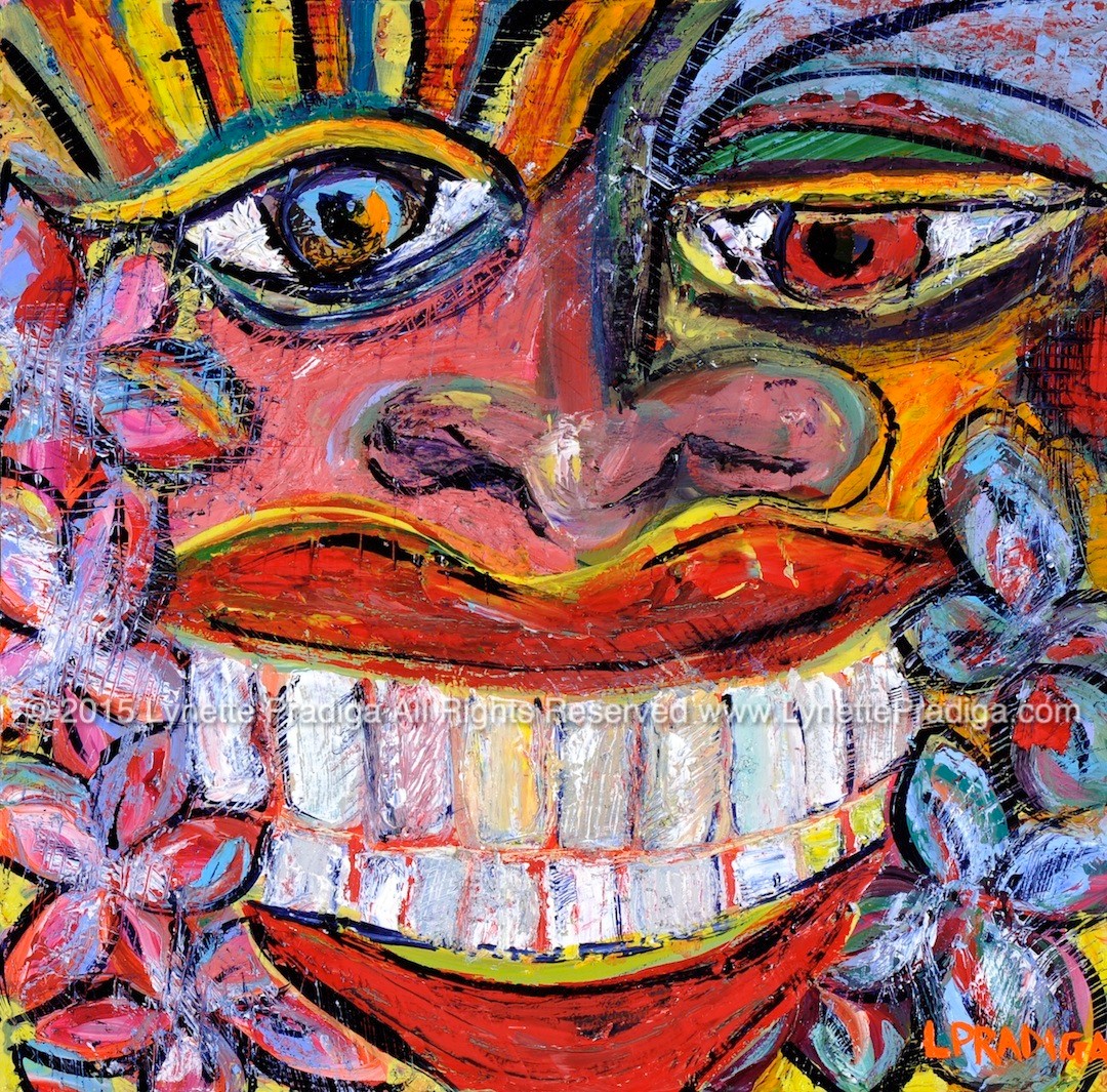 WELCOME WAGON PELE - "SHE'S SUPER HAPPY TO SEE YOU!!!!!!"   12" X 12" OIL ON WOOD PANEL -ORIGINAL $350.00,PRINTS, GICLEES, LIMITED EDITION ORIGINALLY ENHANCED AND REGULAR GALLERY WRAPS ARE AVAILABLE