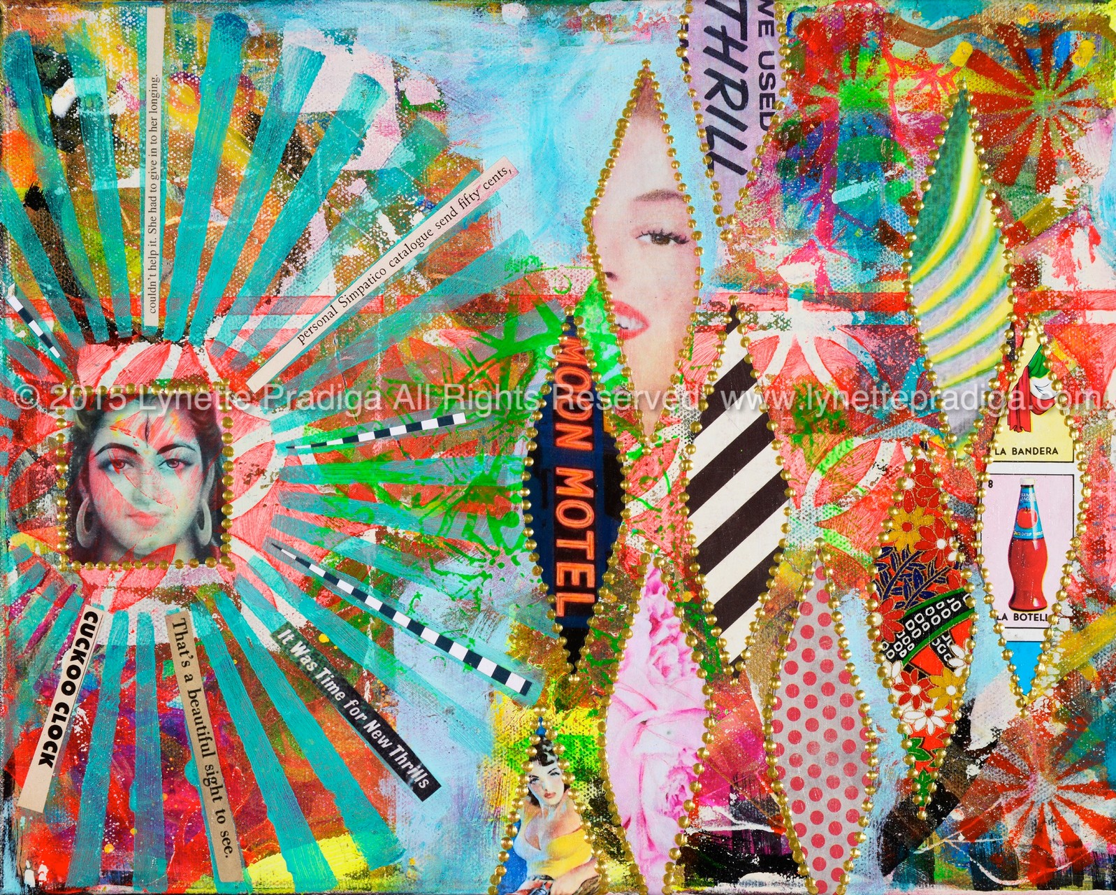 Peepshow 1 -    24" x 30" x 2" Mixed Media, Krylon, Acrylic, Hand-made paper, irresistible curiosity, upholstery nails,& vintage snippets on canvas on board/ Original Available at the Enchantress Gallery by Bootzie in Wailea, Maui Hi