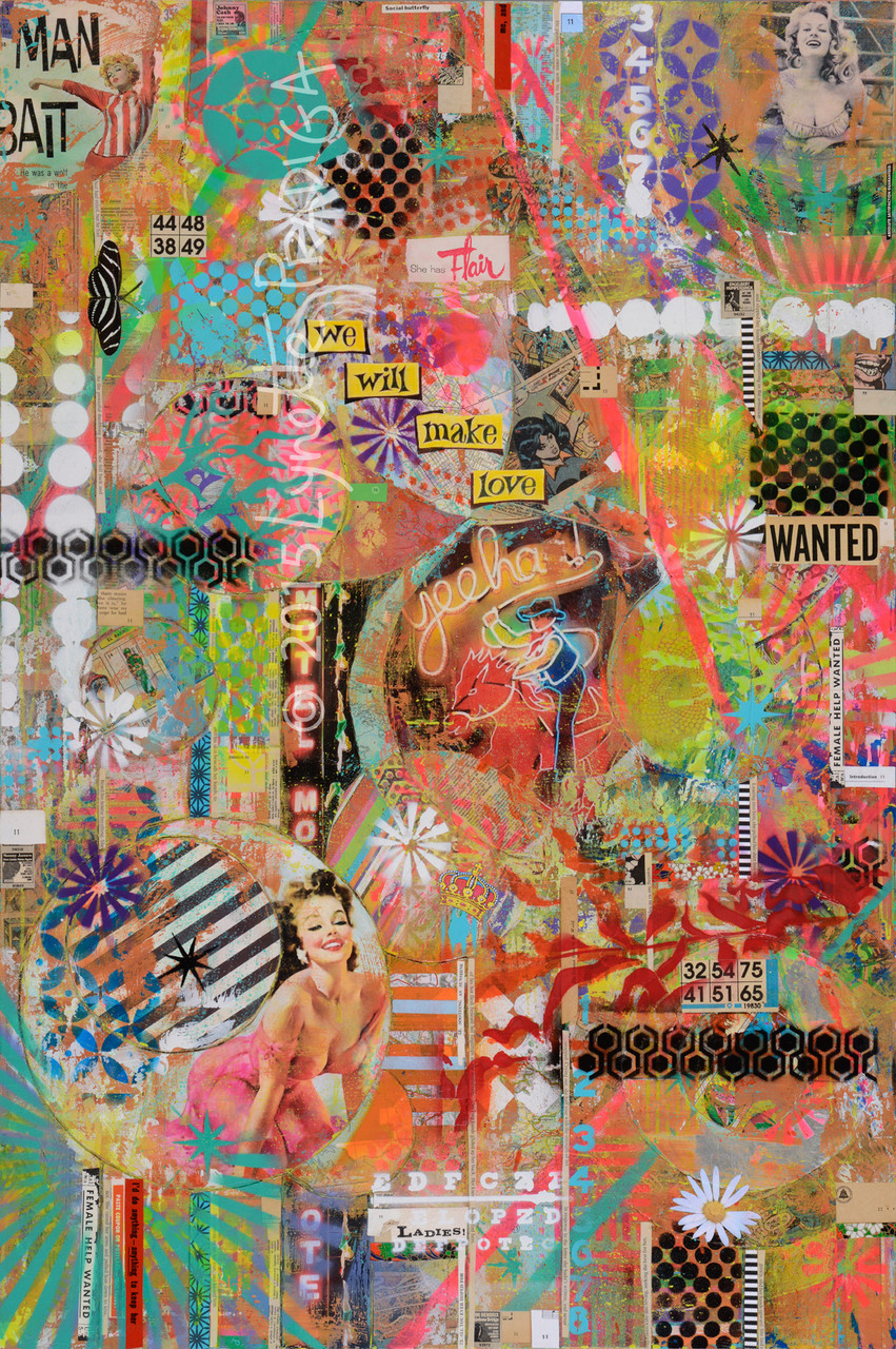 "Man Bait" 24" x 36" x 1.5" Mixed Media, Krylon, Acrylic, Hand-made paper, Beguiling Lady Parts & vintage snippets on tortured Birch /Original Available at the Enchantress Gallery by Bootzie in Wailea, Maui Hi