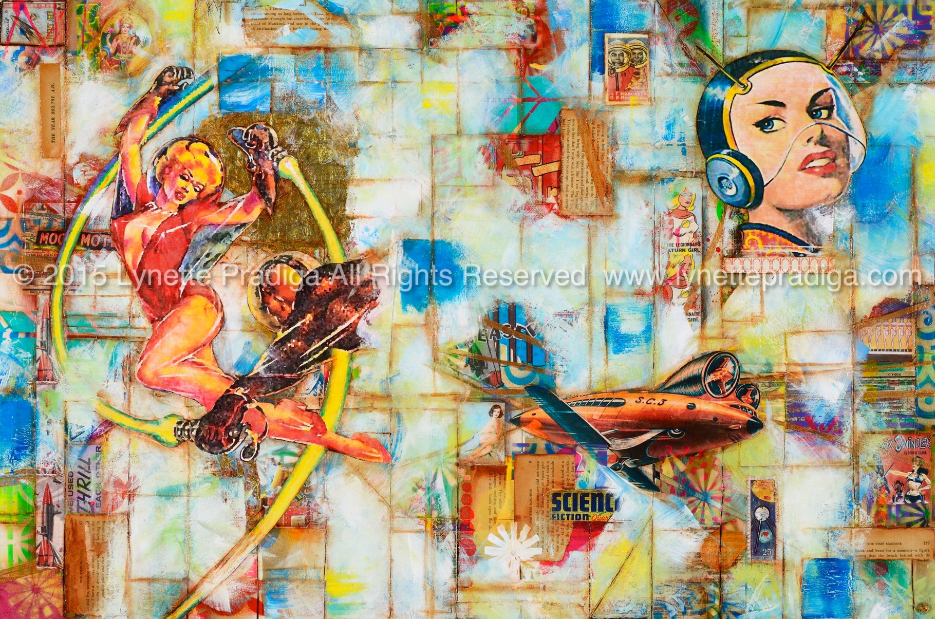 Saturn Girls  -  24" x 36" x 2" Mixed Media, Krylon, Acrylic, Hand-made paper, the human genome & vintage snippets on tortured birch. /Original Available at the Enchantress Gallery by Bootzie in Wailea, Maui Hi