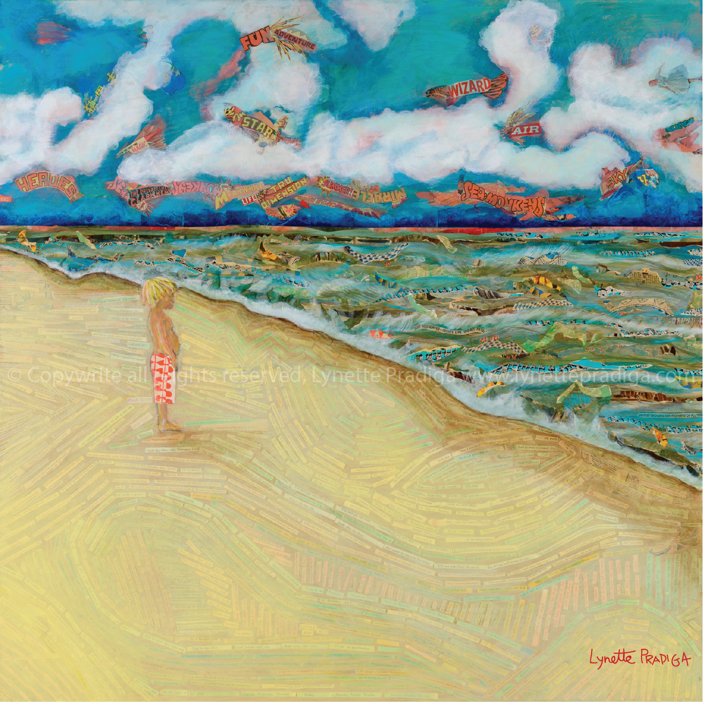 "See You On The Other Side" 48" x 48" x 3" Mixed Media Collage on birch board. Original *SOLD.  Vintage nursery Rhymes, the legend of Hercules, Charolette's Web, Marvel comix, ink. Prints anAvailable at the Enchantress Gallery by Bootzie in Wailea, Maui H