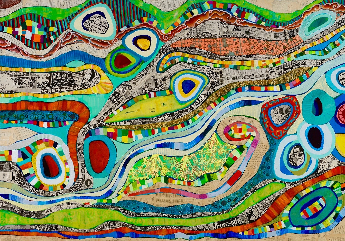 "Drop in the Ocean I" 6 foot' x 4 foot' Mixed Media on canvas. Oil Paint, Japanese newsprint, vintage Japanese paperback novels and a thoughtful look and the ocean water we share. $4000