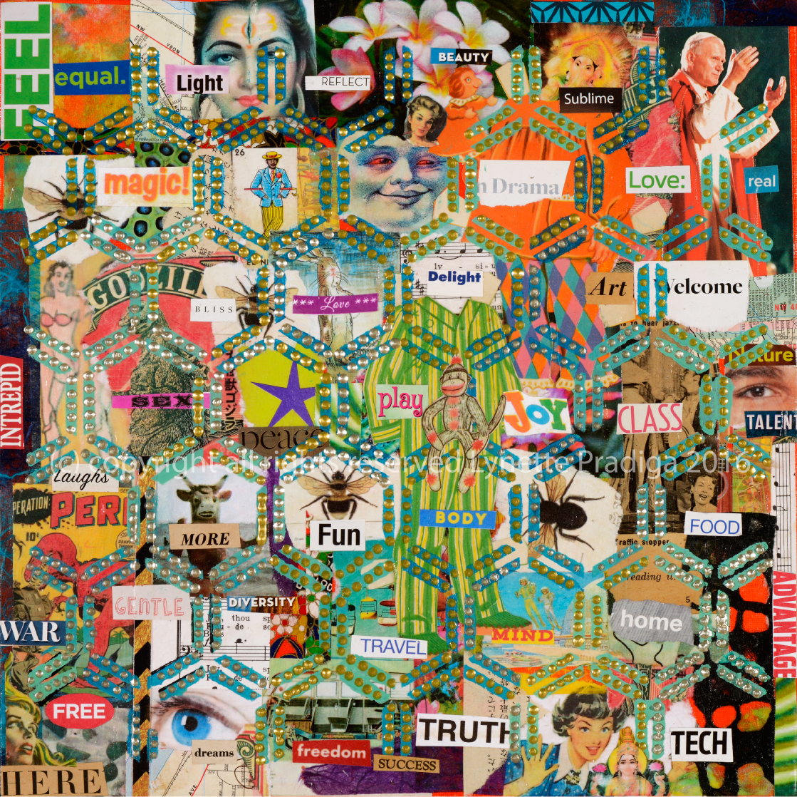 "Hive Mind" 12" x 12" Mixed Media, Acrylic, Hand-made paper, Iconic symbolism & vintage snippets on canvas board. 400.00