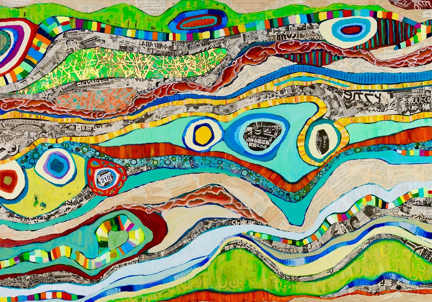 "Drop in the Ocean II" 6 foot' x 4 foot' Mixed Media on canvas. Oil Paint, Japanese newsprint, vintage Japanese paperback novels and a thoughtful look and the ocean water we share. $4000