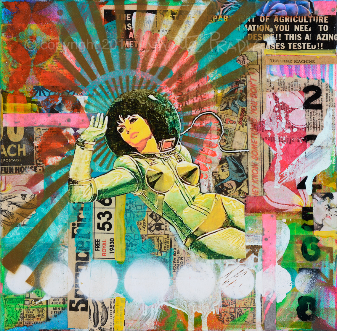 "1972" 12" x 12" Mixed Media, Acrylic, Hand-made paper, Iconic symbolism & vintage snippets on canvas. $400.00