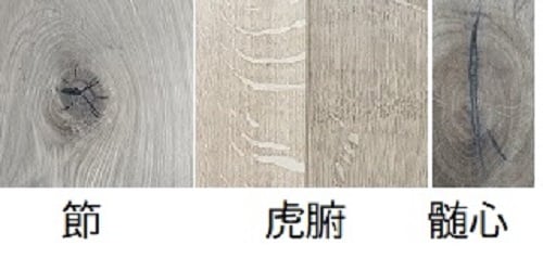 ラスティックは木が生きた証が残っている部位。　節や虎斑、髄心。
