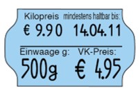 Preisetikett 32x19, blau, mit Vordruck Einwaage und mhd passend für Grundpreisauszeichner von contact oder meto