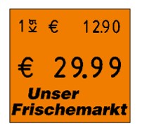 Preisetikett 29x28, orange, mit Logo-Vordruck und Grundpreisauszeichnung für contact und Meto Eagle / ProLine bzw. Blitz XL