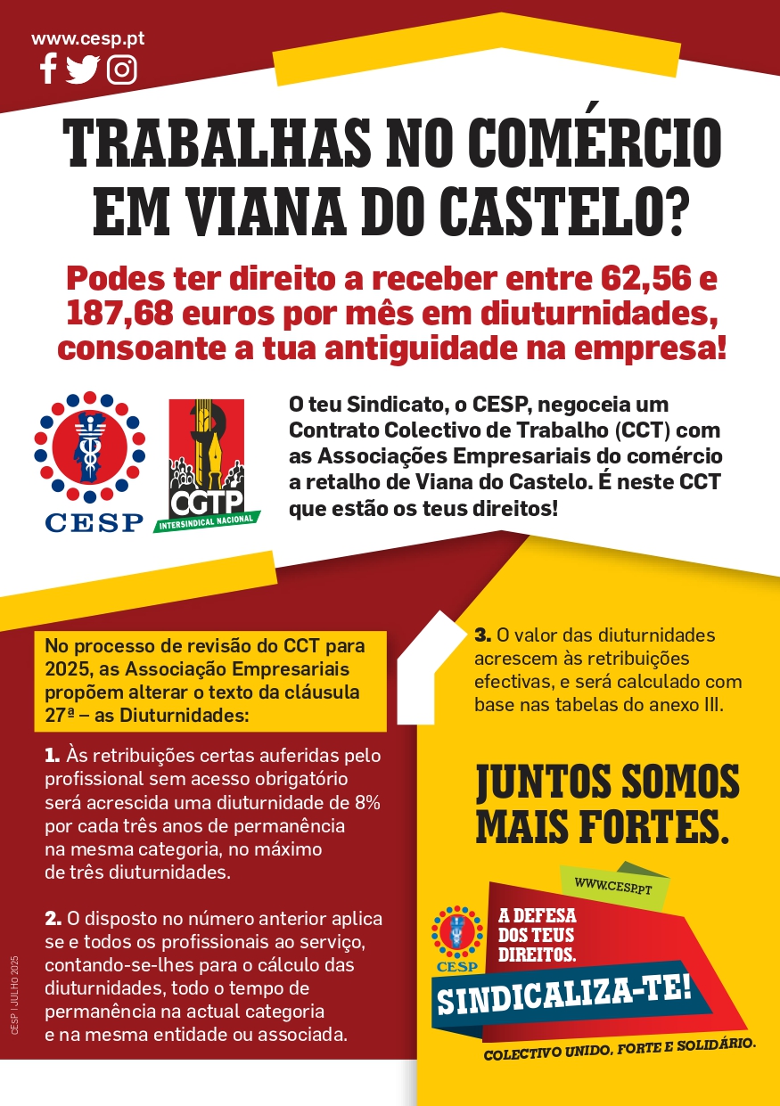TRABALHAS NO COMÉRCIO EM VIANA DO CASTELO? Podes ter direito a receber entre 62,56 e 187,68 euros por mês em diuturnidades, consoante a tua antiguidade!