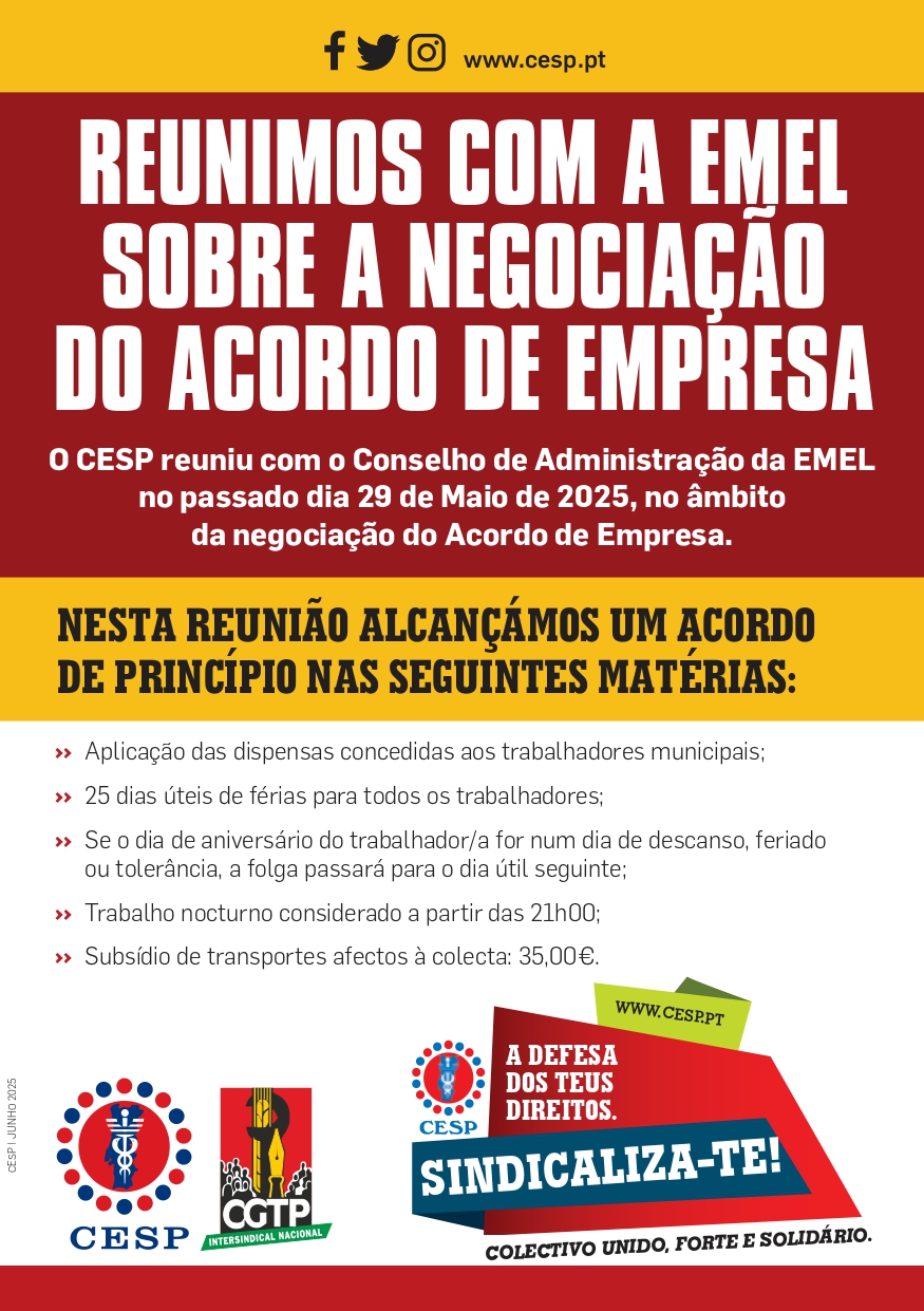 REUNIMOS COM A EMEL SOBRE A NEGOCIAÇÃO DO ACORDO DE EMPRESA