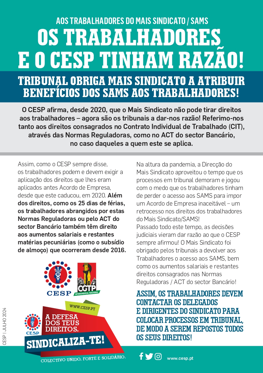 OS TRABALHADORES DO MAIS SINDICATO/SAMS E O CESP TINHAM RAZÃO!