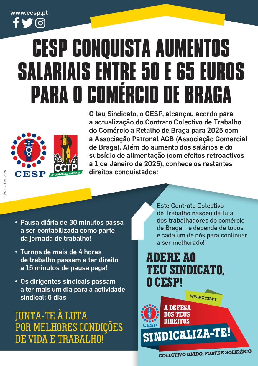 CESP CONQUISTA AUMENTOS SALARIAIS ENTRE 50 E 65 EUROS PARA O COMÉRCIO DE BRAGA