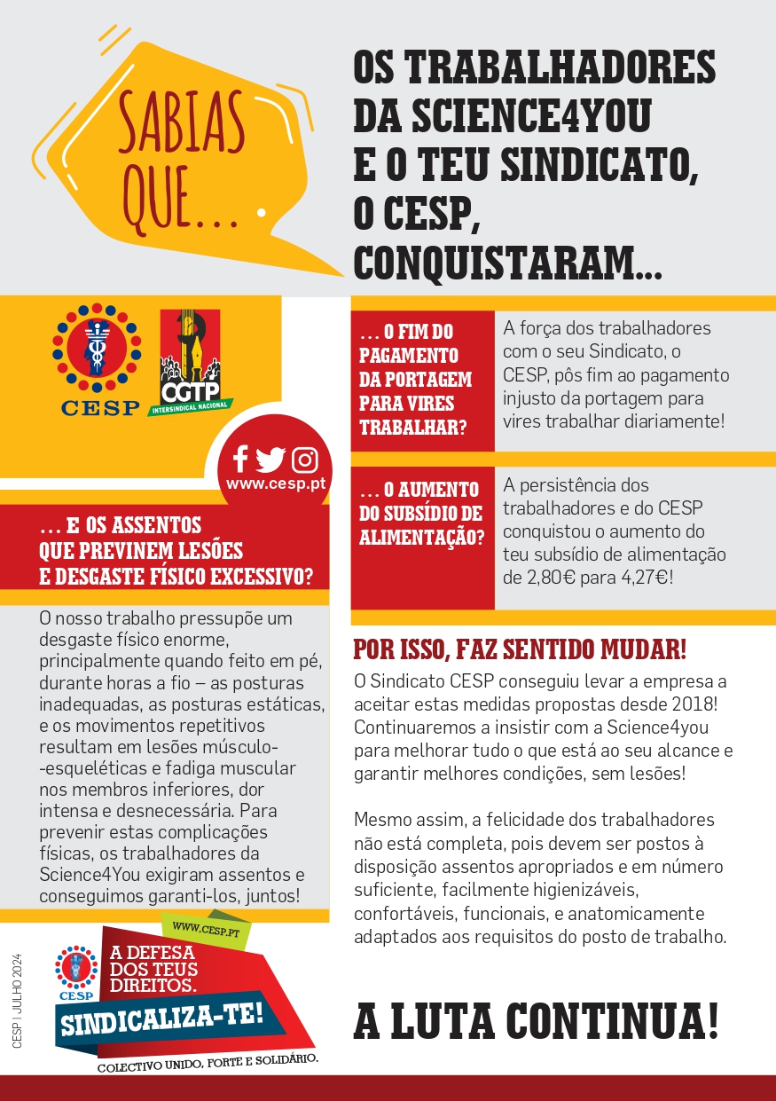 SABIAS QUE OS TRABALHADORES DA SCIENCE4YOU E O TEU SINDICATO, O CESP, CONQUISTARAM OS ASSENTOS QUE PREVINEM LESÕES E DESGASTE FÍSICO EXCESSIVO?