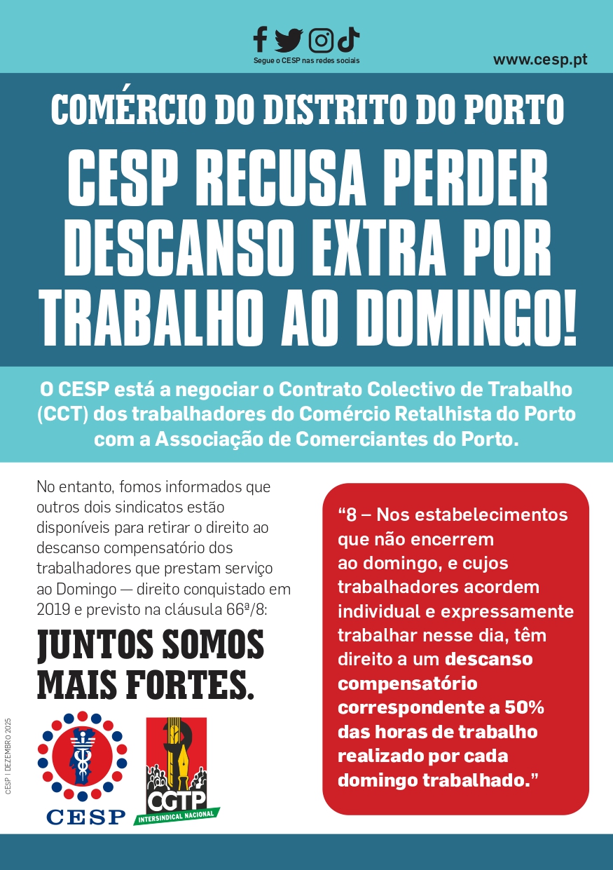 CESP recusa perder descanso extra por trabalho ao domingo no comércio do distrito do Porto!