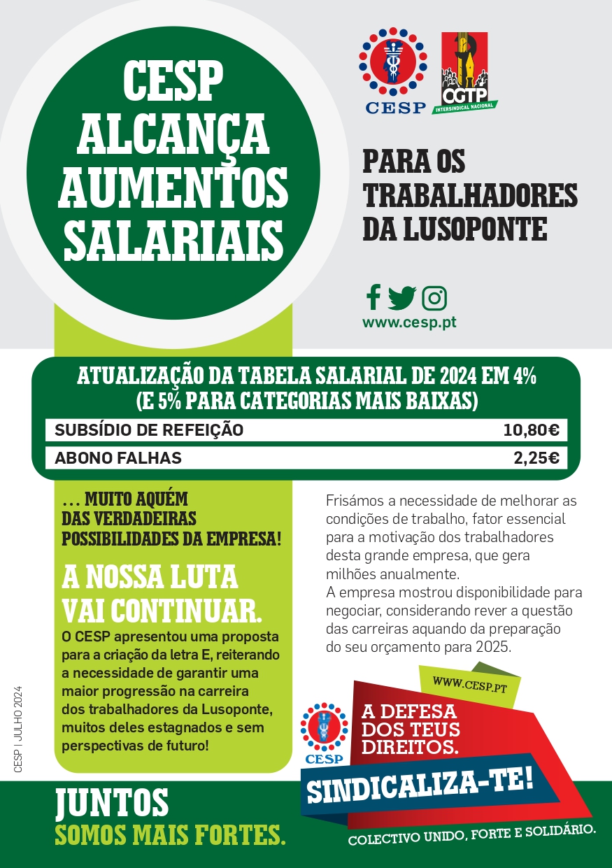 CESP ALCANÇA AUMENTOS SALARIAIS PARA OS TRABALHADORES DA LUSOPONTE