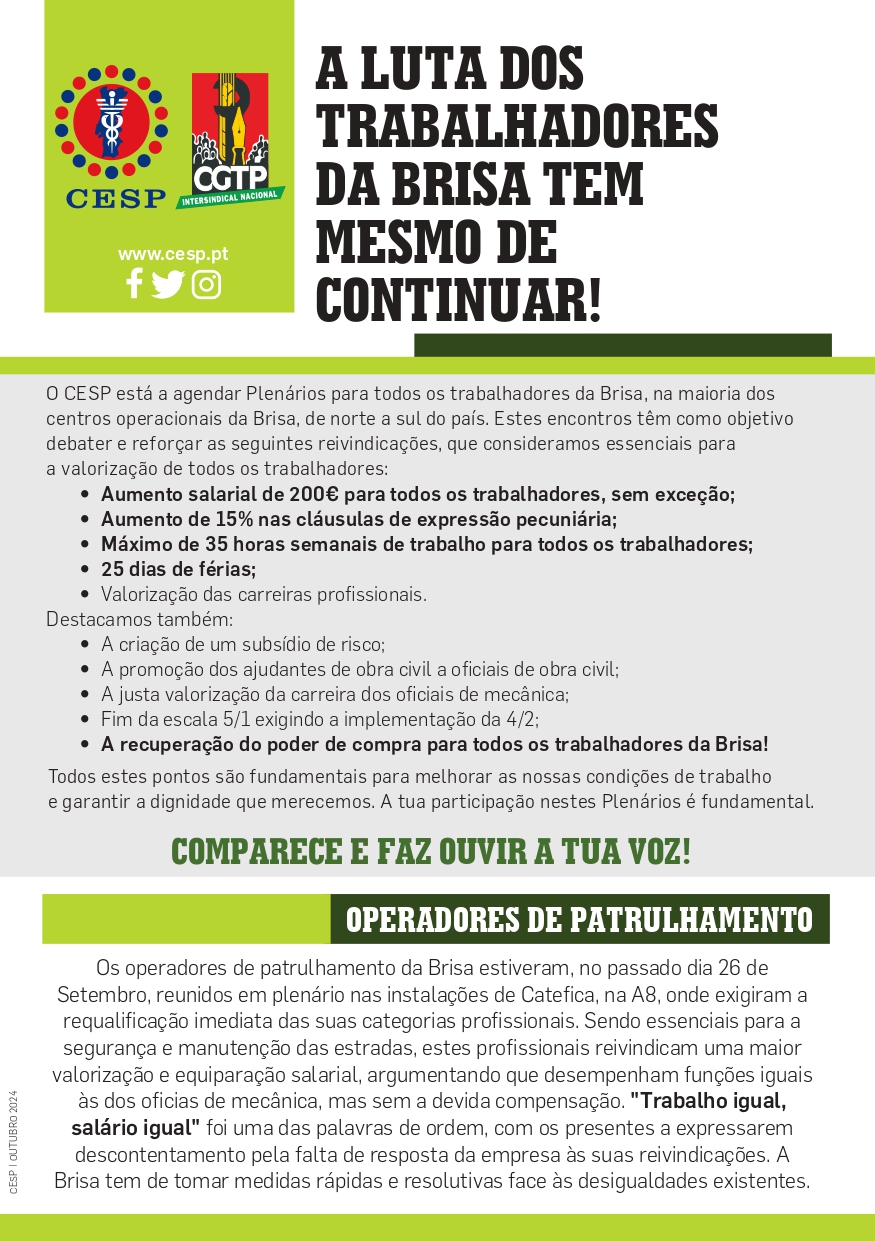 A LUTA DOS TRABALHADORES DA BRISA TEM MESMO DE CONTINUAR!