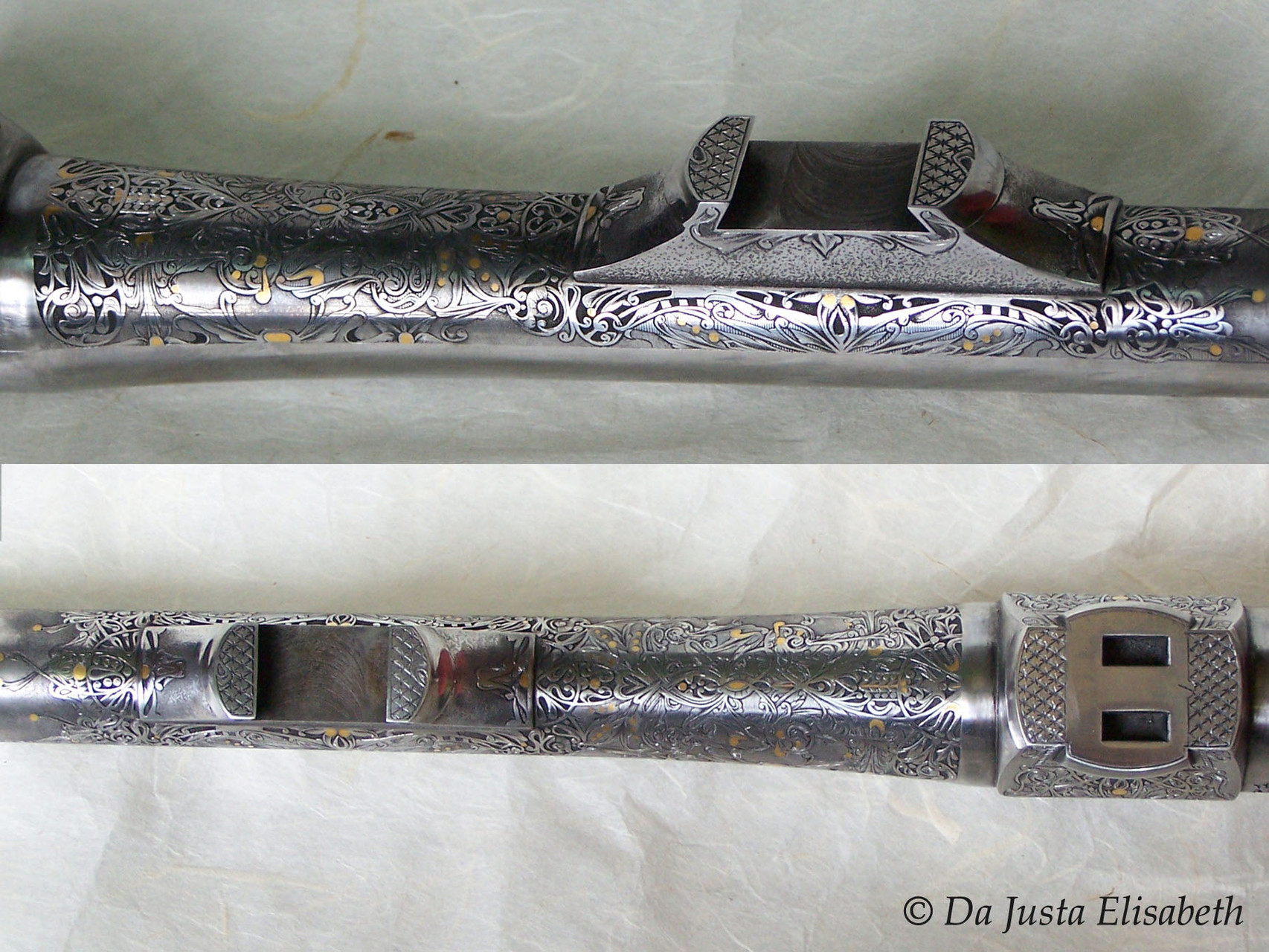 engraving in hollow-bottom,  gold inlays