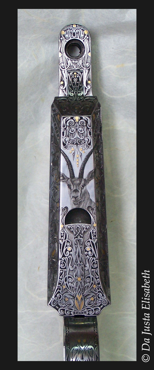 engraving in hollow-bottom, gold inlays and bulino, antelope