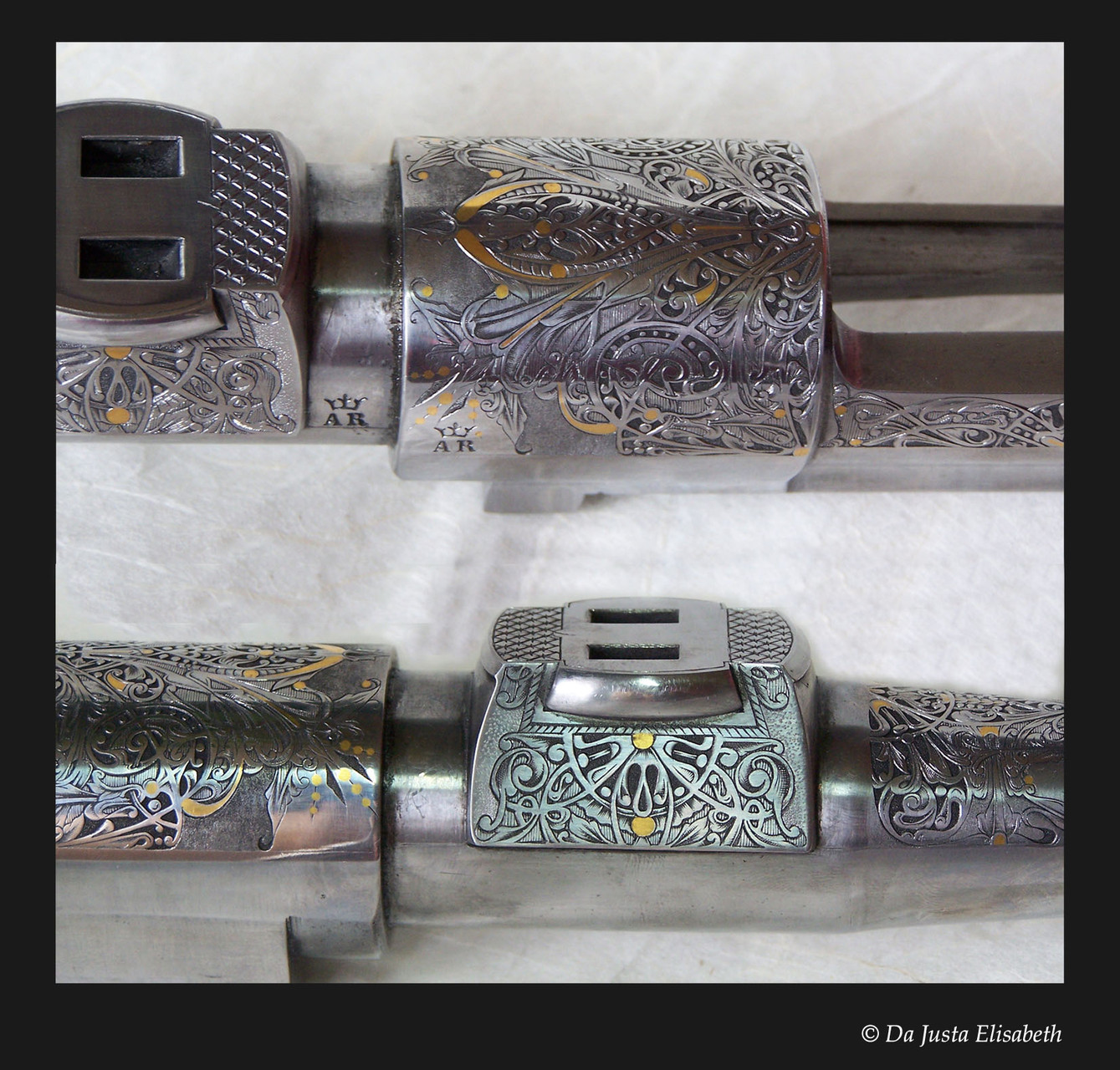 engraving in hollow-bottom,  gold inlays