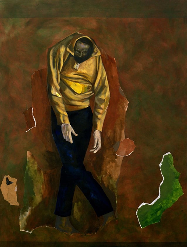 Paysage et homme - Landscape with a man, 2002, 150 x 200 cm - 59" x 79",  acrylique et collage sur toile - acrylic and collage on canvas. Photo: Éliane Excoffier.