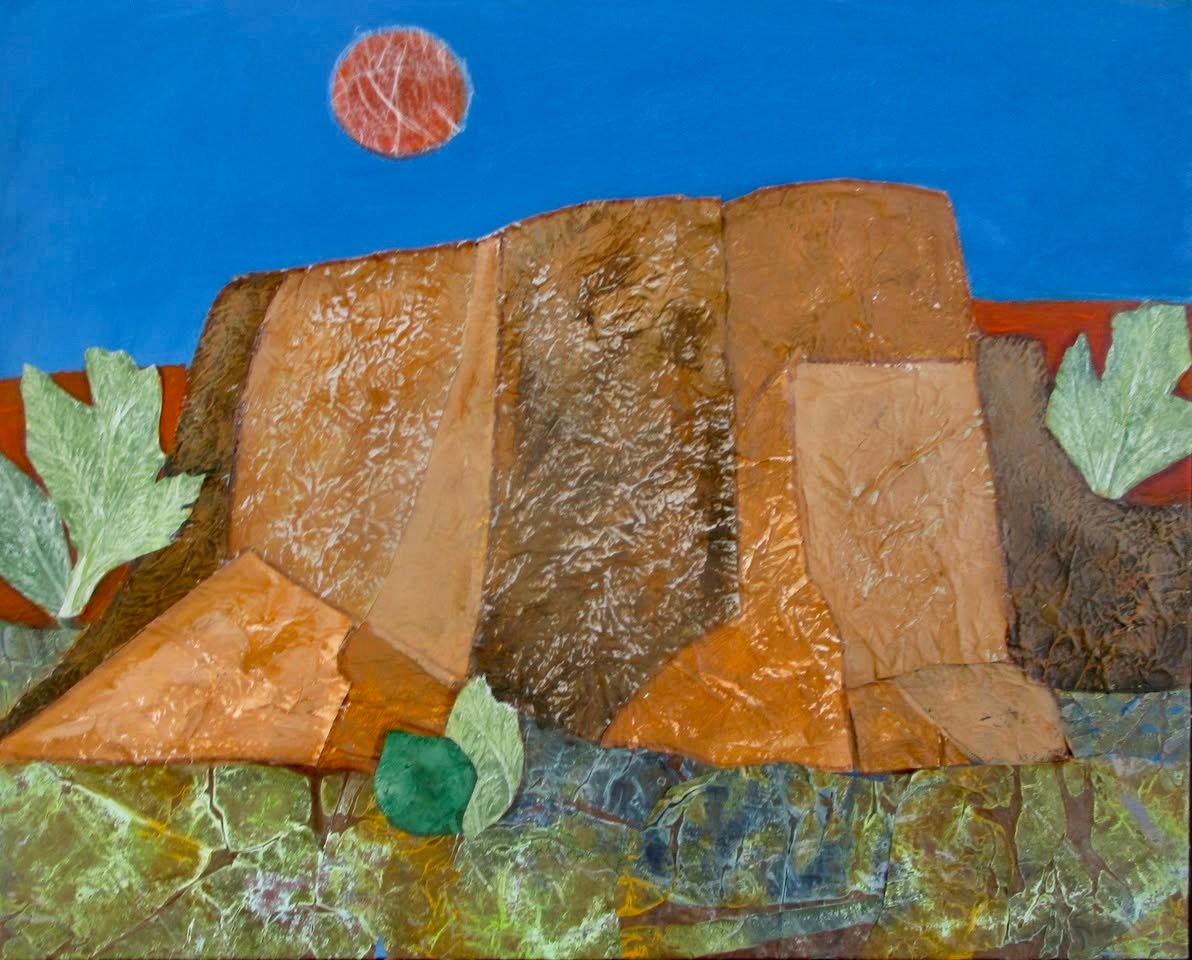 Strawberry Moon over Ranchos Church, mixed media, 20x16