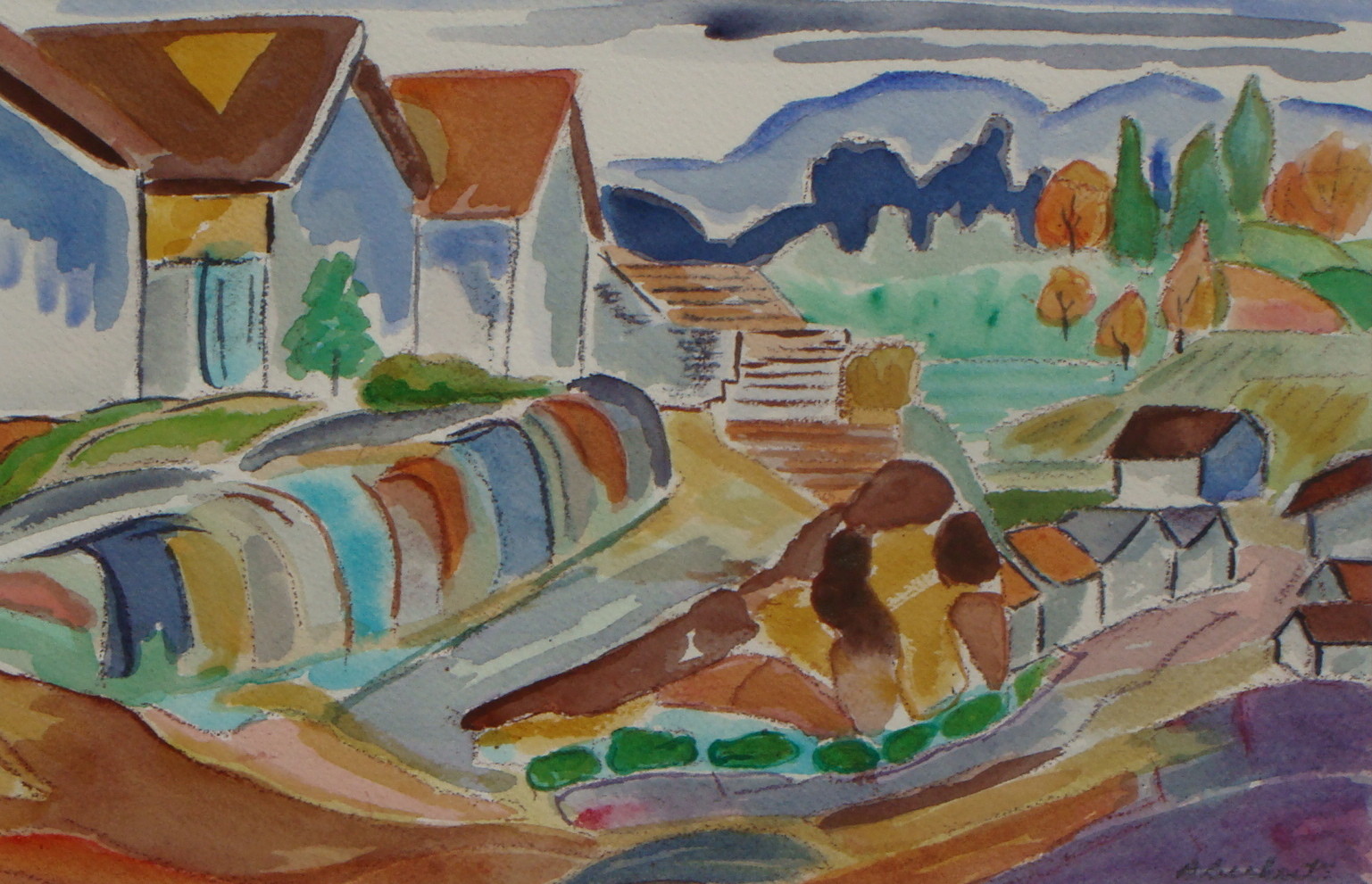 Along the Village Road, watercolor, 11.5 x 7.5