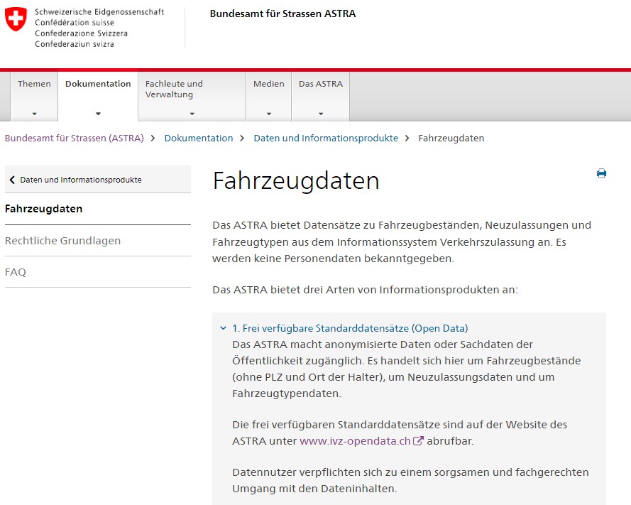 Auswertungen zu Fahrzeugbeständen und CH-Typenscheine vom ASTRA