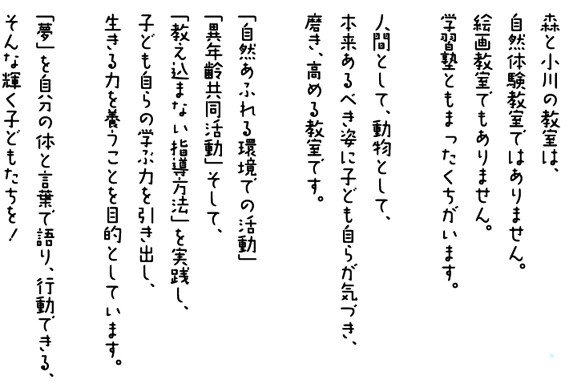 森と小川の教室は、自然体験教室ではありません。絵画教室でもありません。学習塾ともまったくちがいます。人間として、動物として、本来あるべき姿に子ども自らが気づき、磨き、高める教室です。「自然あふれる環境での活動」「異年齢共同活動」そして、「教え込まない指導方法」を実践し、子ども自らの学ぶ力を引き出し、生きる力を養うことを目的としています。「夢」を自分の体と言葉で語り、行動できる、そんな輝く子どもたち
