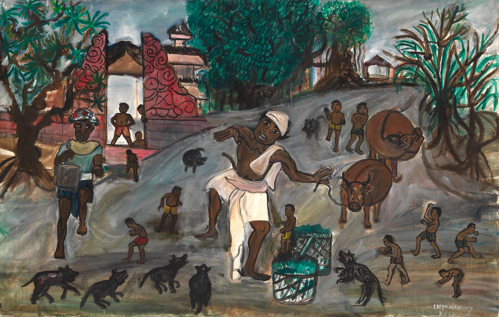 Kari traversant Ubud avec ses deux vaches - 60x93 cm - réf. IR37.60.93