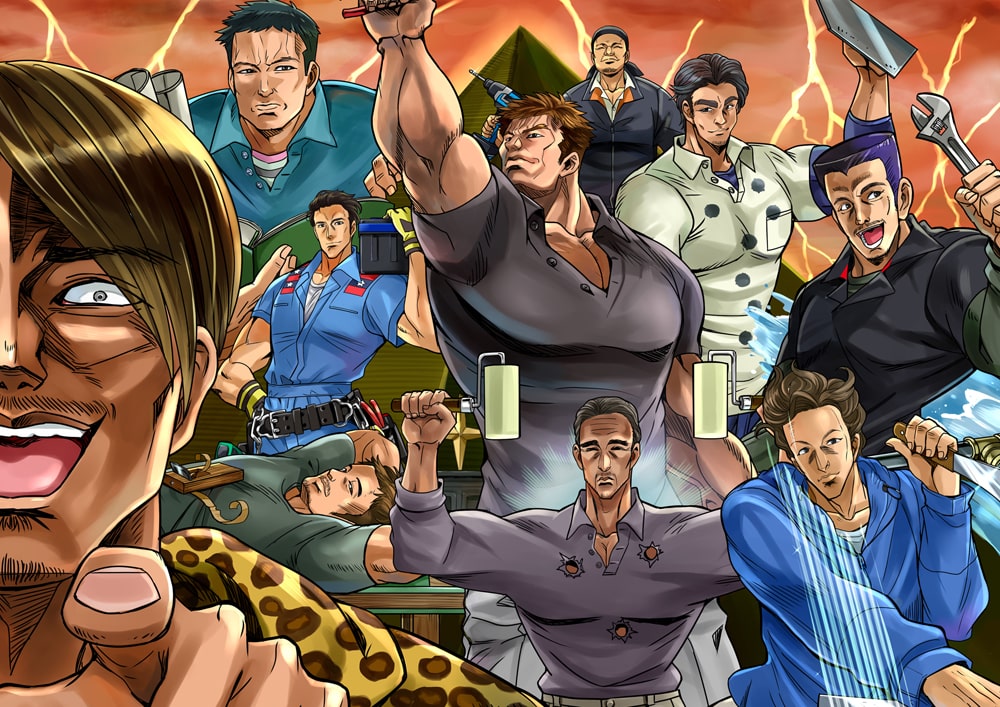 工務店の職人さんの少年漫画風イラストボード