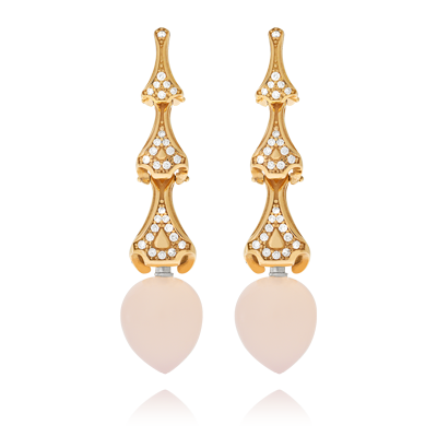 Ohrschmuck in Rotgold mit Brillanten und Rosenquartz, aus der Eternity Kollektion der Goldschmiede OBSESSION in Zürich und Wetzikon.