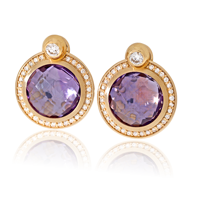 Ohrstecker in Rotgold mit Amethysten und Brillanten aus der Fatima Kollektion der Goldschmiede OBSESSION Zürich und Wetzikon