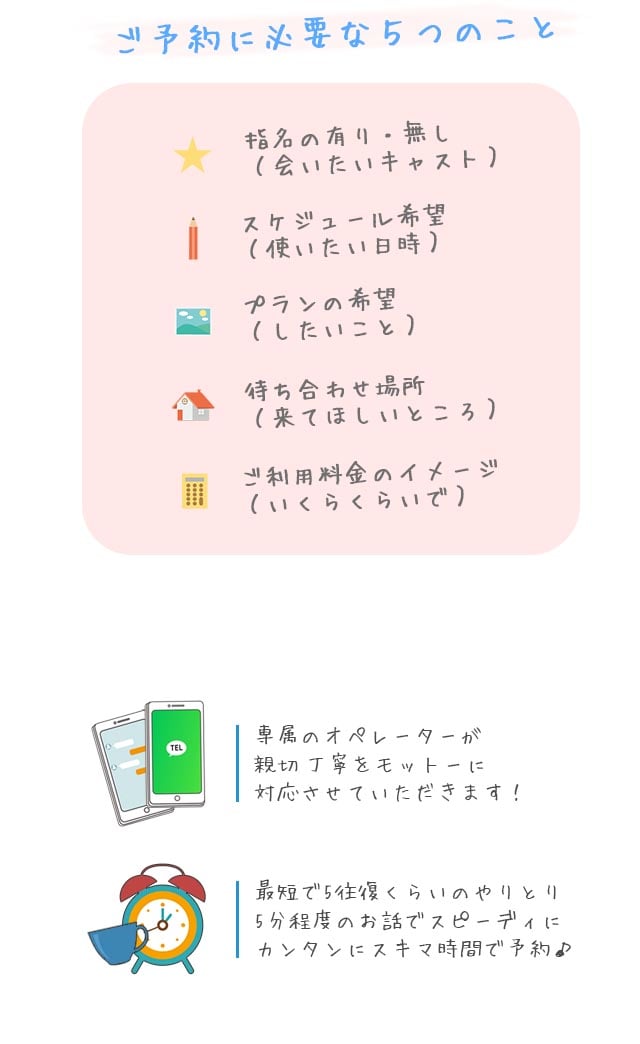 ご世悪に必要な5つのこと 指名の有り・無し（会いたいキャスト） スケジュール希望（使いたい日時） プランの希望（したいこと） 待ち合わせ場所（来てほしいところ） ご利用料金のイメージ（いくらくらいで） 専属のオペレーターが親切丁寧をモットーに対応させていただきます！最短で5往復くらいのやりとり 5分程度のお話でスピーディにカンタンにスキマ時間で予約♪  札幌 女性用風俗 すすきの 雨はしずかに