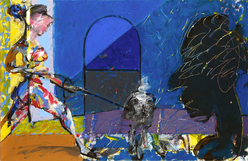 Elle, son chien et le buste africain