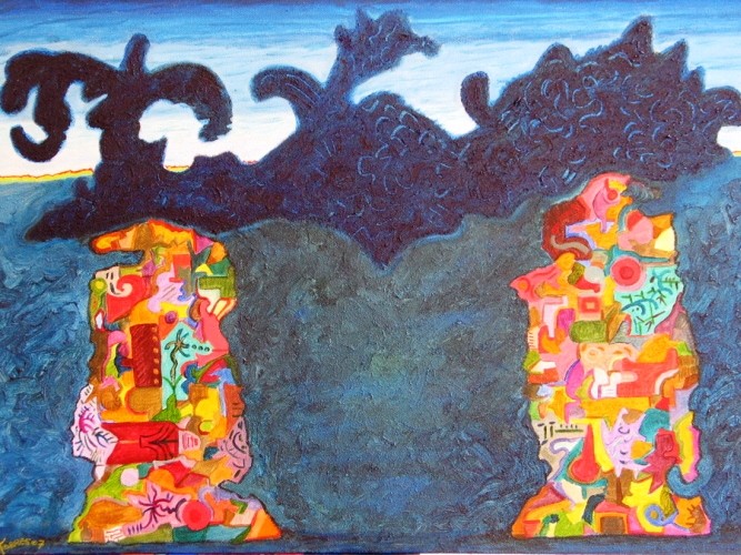 Haramara (Où les ancêtres sont sortis de la mer, en Huichol),  70x50 cm, 2007, acrylique sur toile.