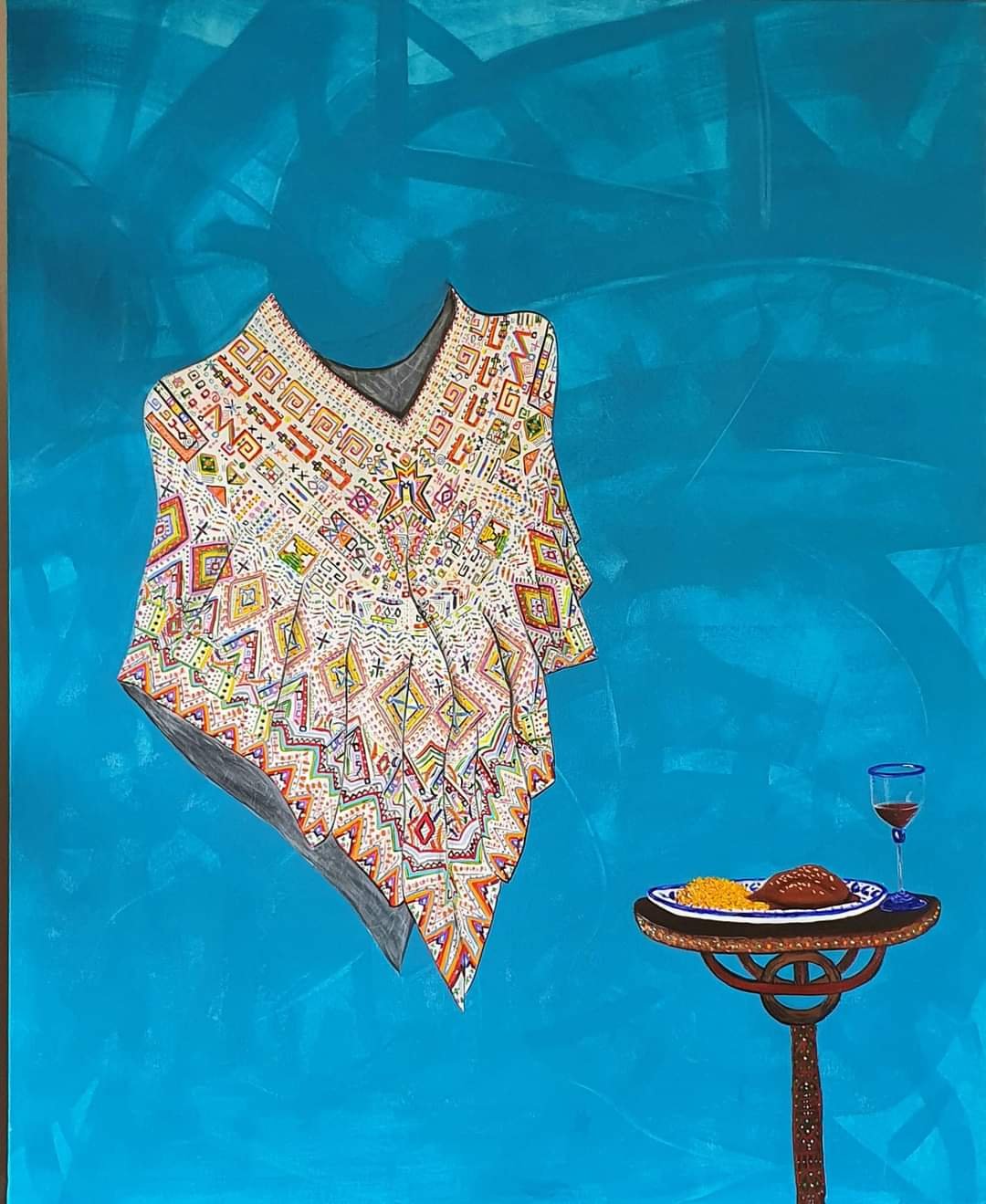 Quechquemitl avec Mole Negro d'Oaxaca (Nature morte) 116x89 cm, acrylique sur toile 2021 (850 €)