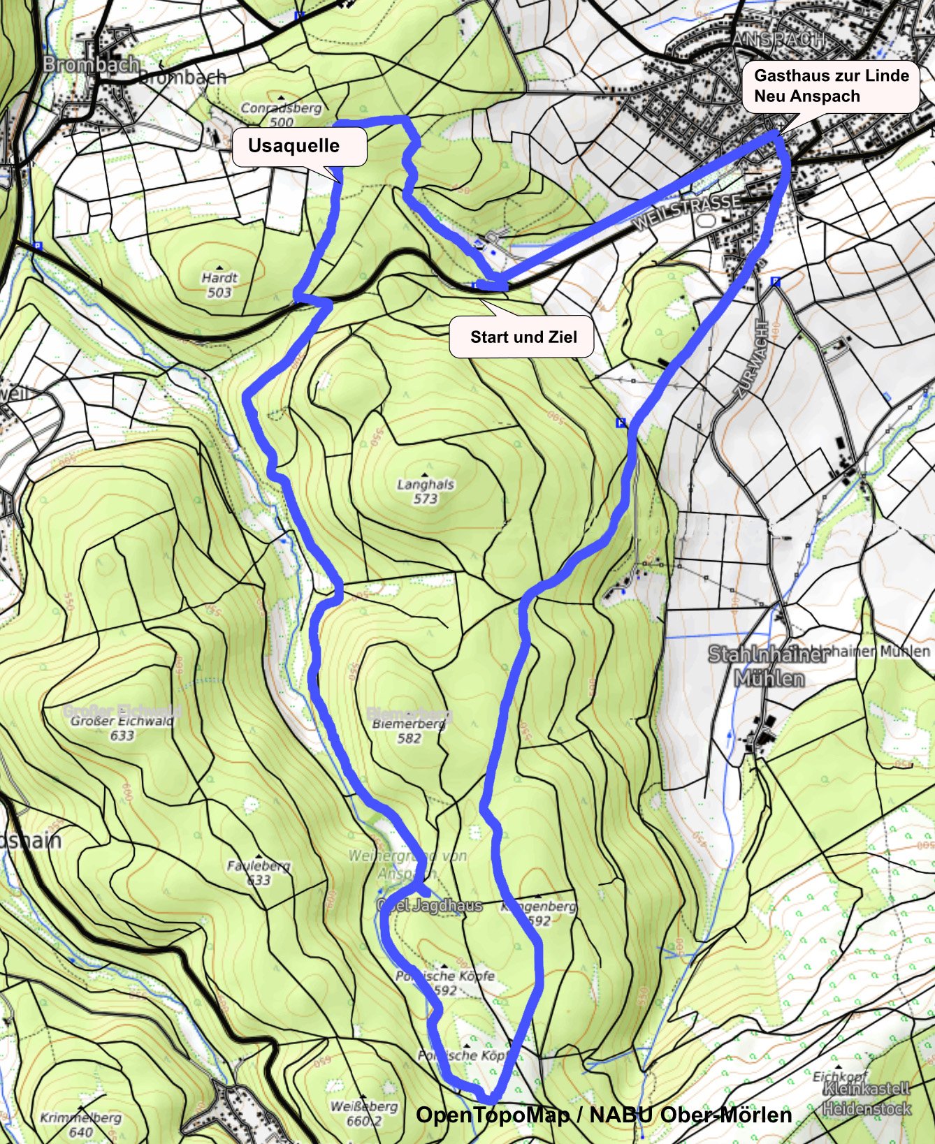 Route (entgegen dem Uhrzeigersinn begangen, Rückweg idealisiert)